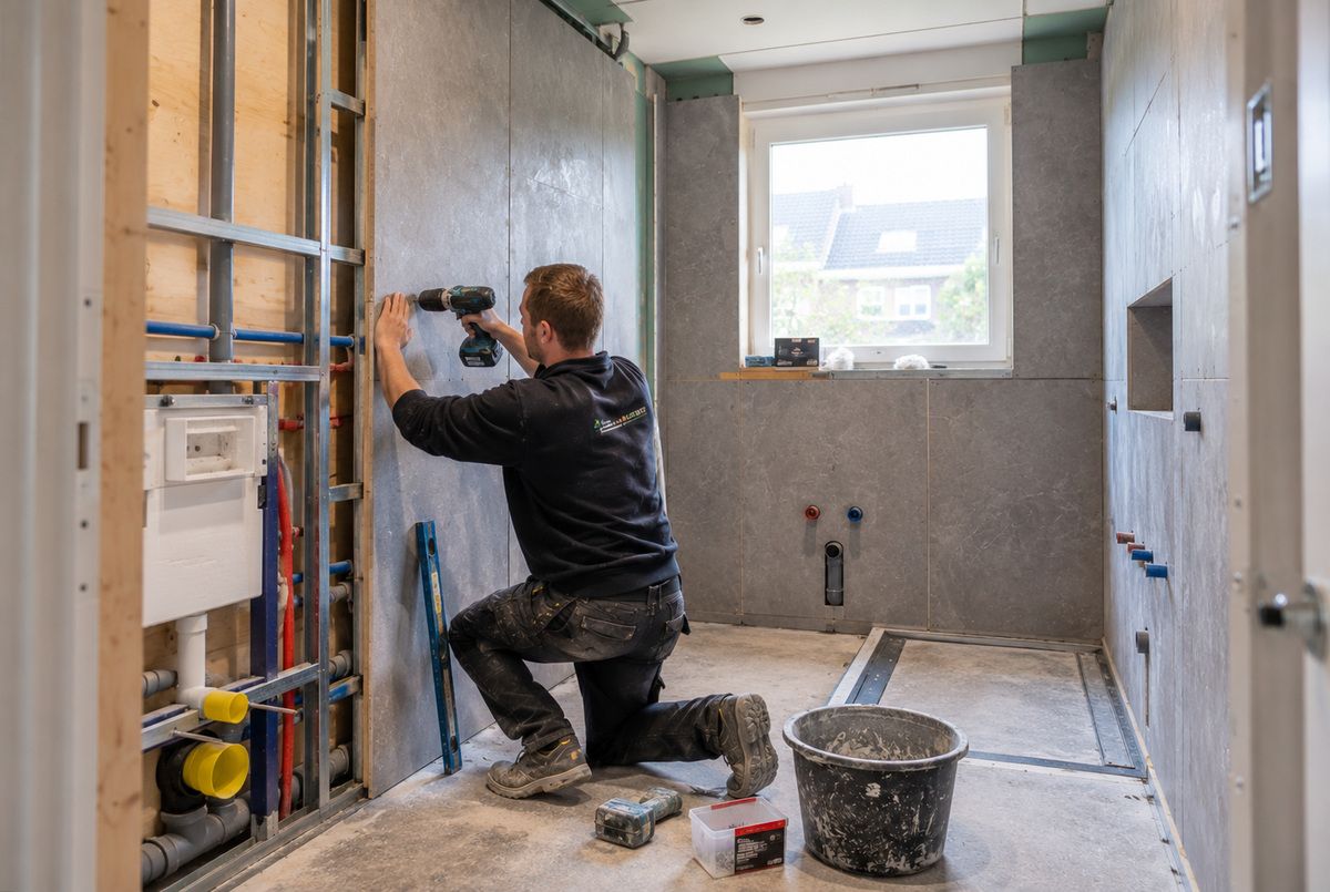 Aannemer monteert wandpanelen tijdens de renovatie van een badkamer