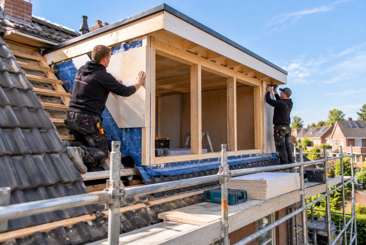 Twee Nederlandse aannemers monteren de houten constructie van een dakkapel tijdens een woningrenovatie