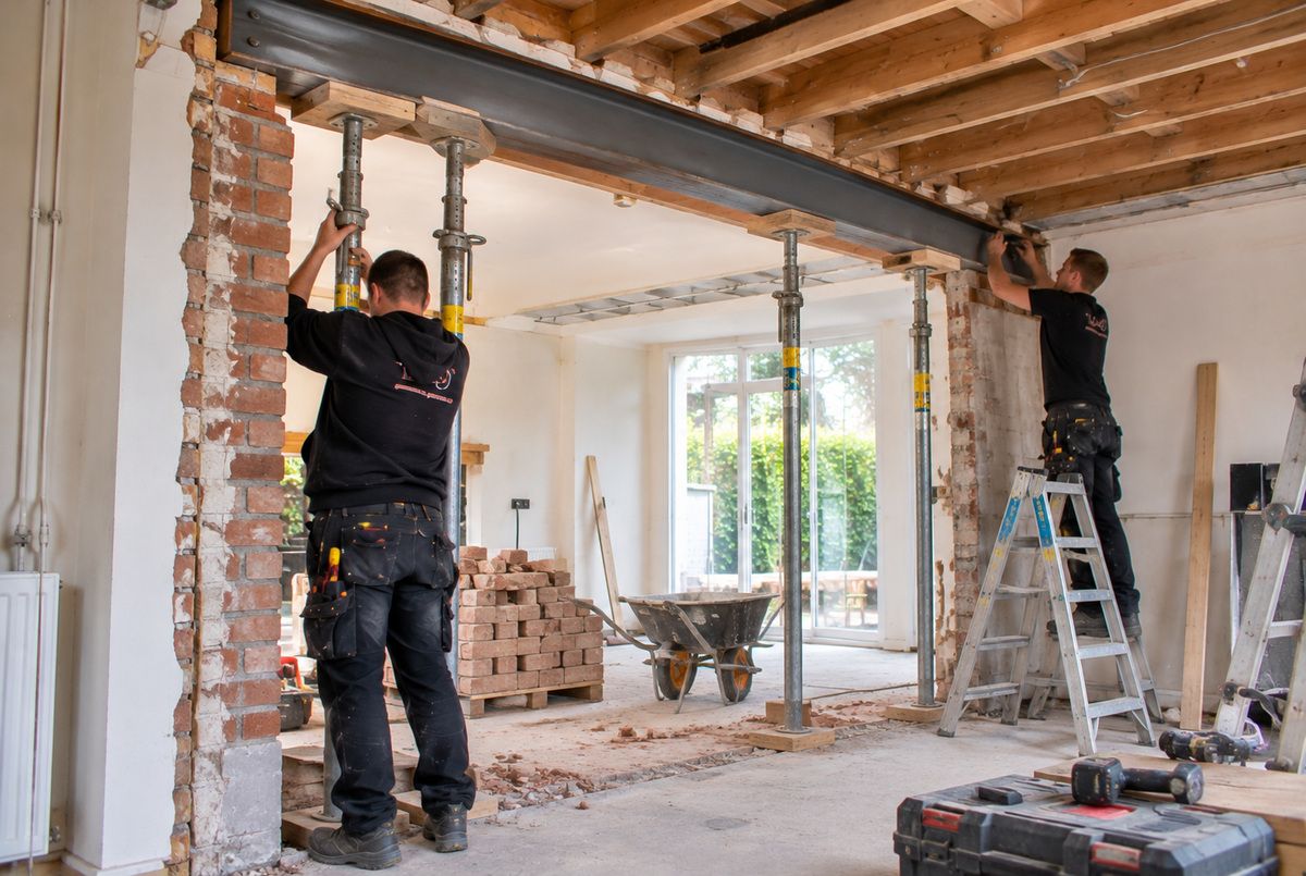 Twee Nederlandse aannemers plaatsen een stalen draagbalk ter ondersteuning van de bovenliggende constructie tijdens het verwijderen van een draagmuur