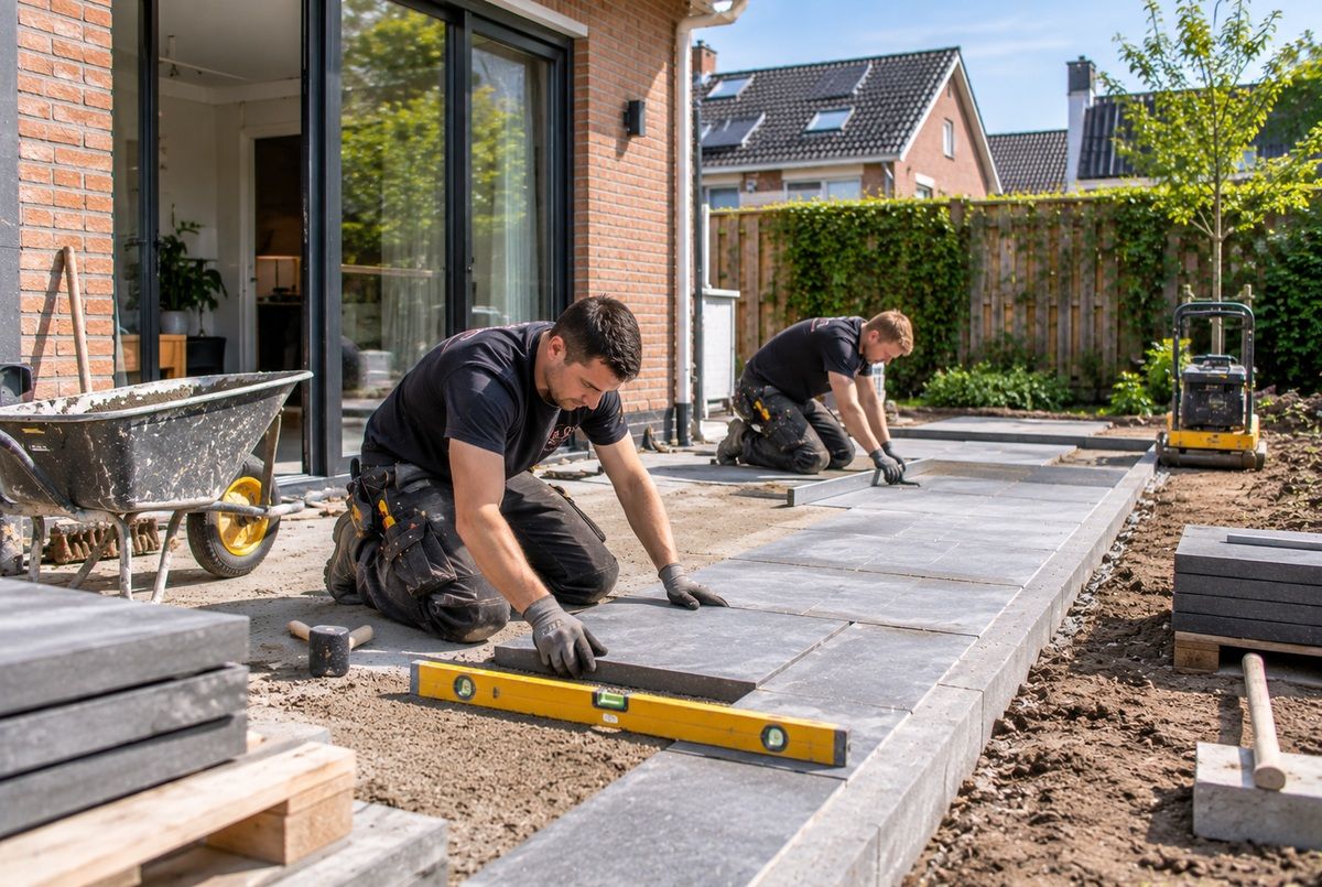 Twee Nederlandse aannemers leggen een terras aan met grote grijze terrastegels in de achtertuin van een woning