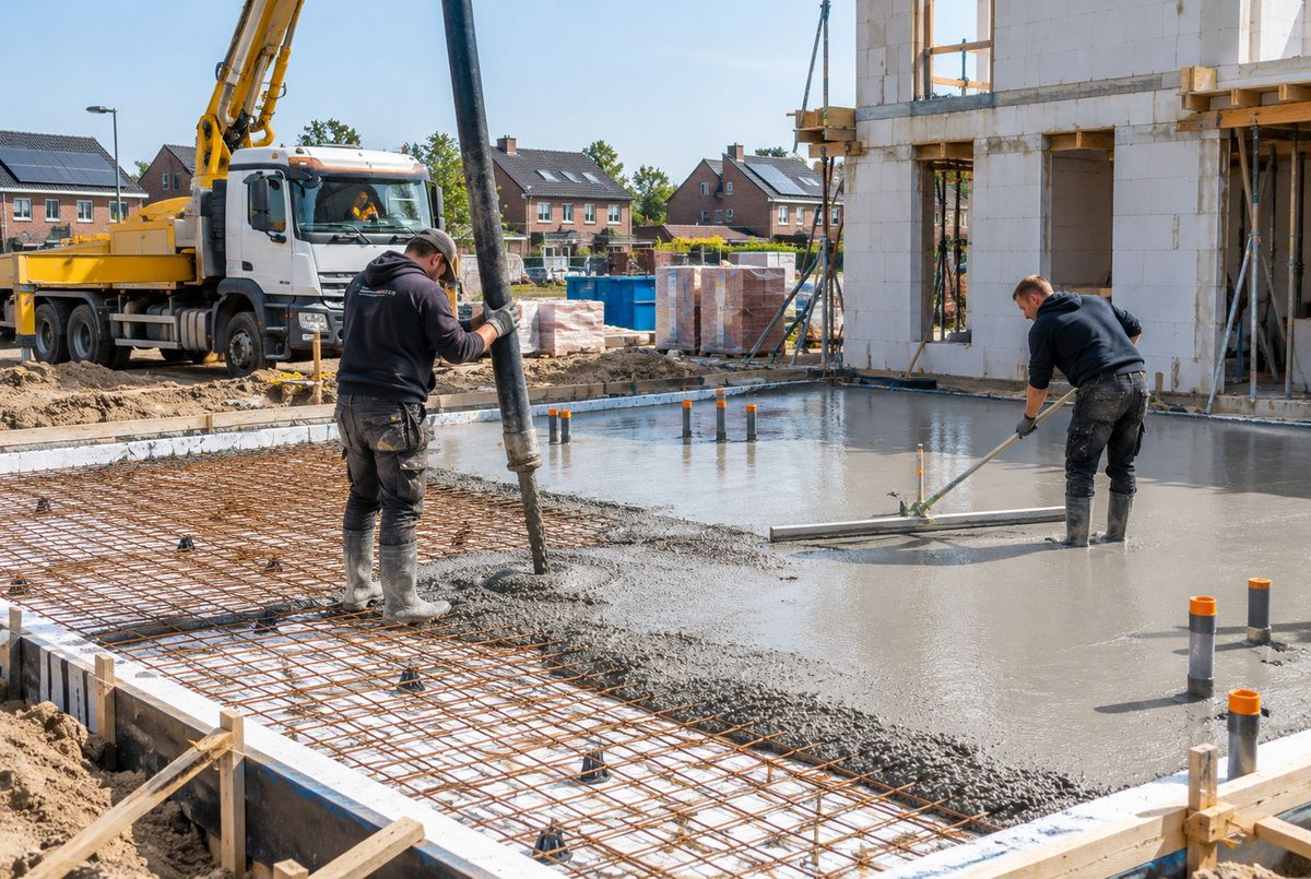 Bouwvakkers storten en egaliseren een gewapende betonvloer tijdens de nieuwbouw van een woning