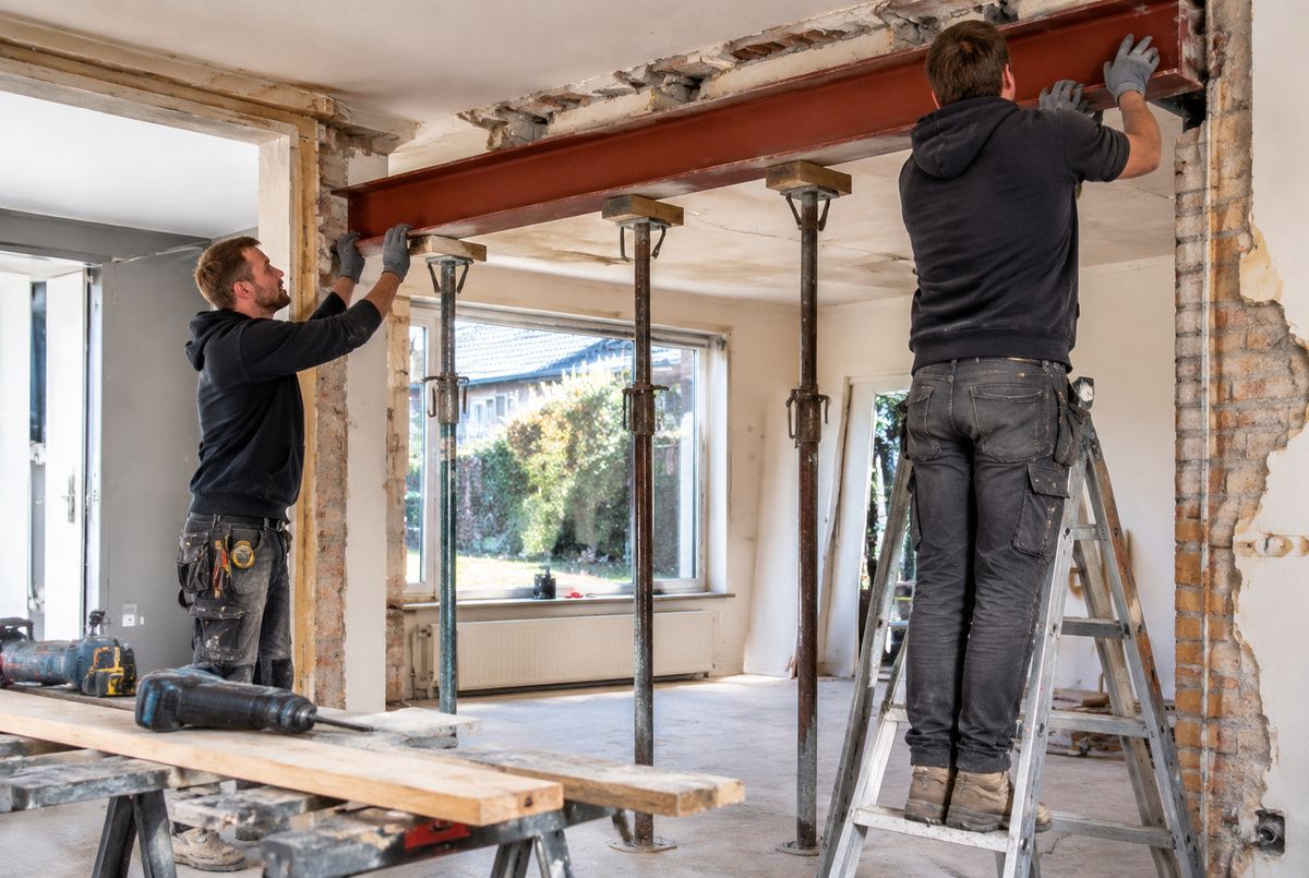 Twee vakmensen van een aannemersbedrijf plaatsen een stalen draagbalk tijdens een draagmuurdoorbraak in een woning