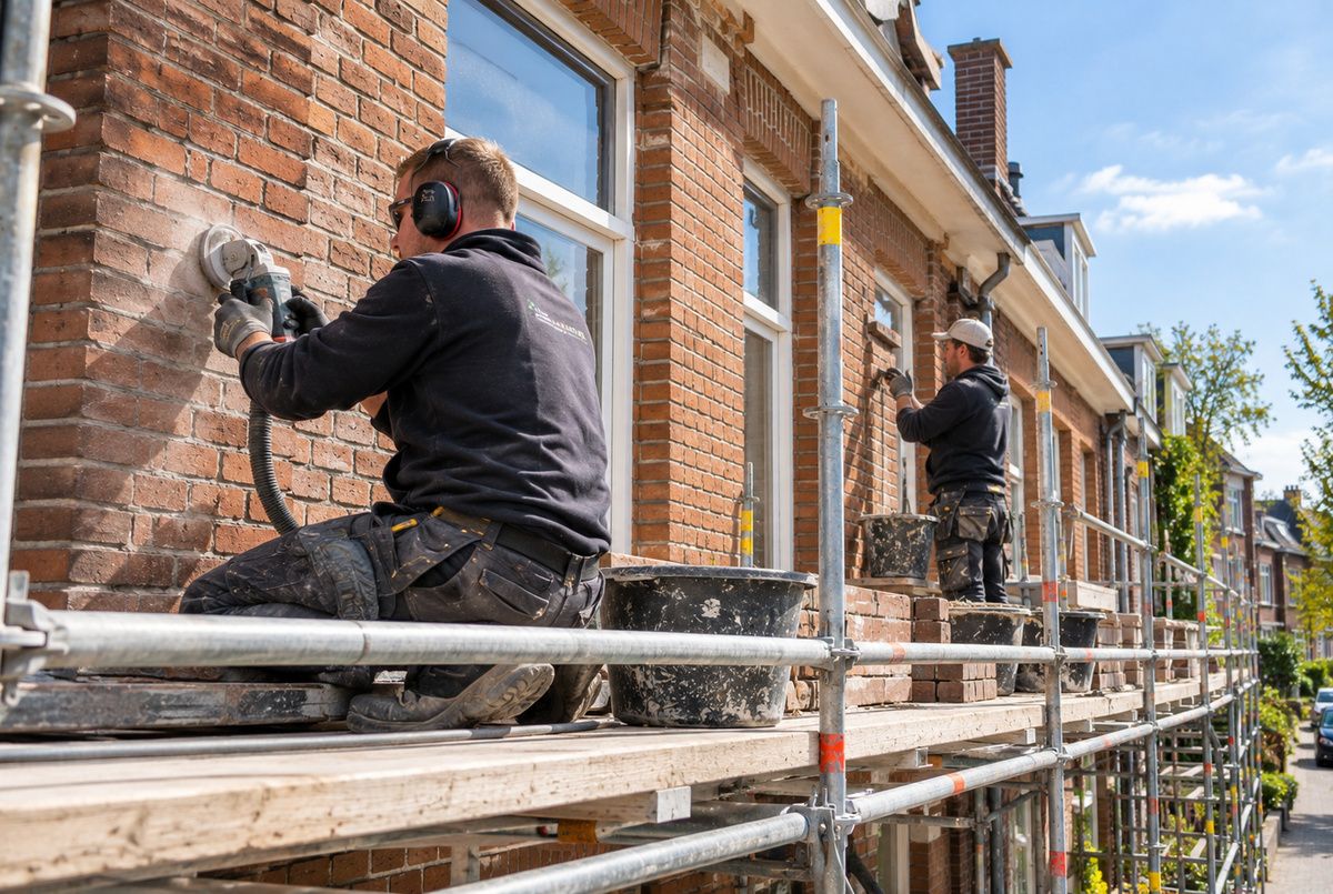 Twee vakmensen van een aannemersbedrijf renoveren een bakstenen gevel door beschadigd voegwerk te verwijderen en te herstellen