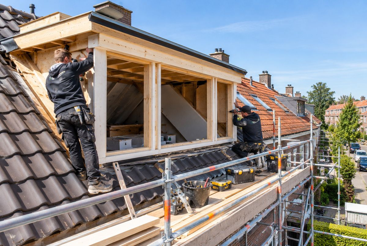 Twee vakmensen van een aannemersbedrijf bouwen een houten dakkapel op het schuine dak van een woning