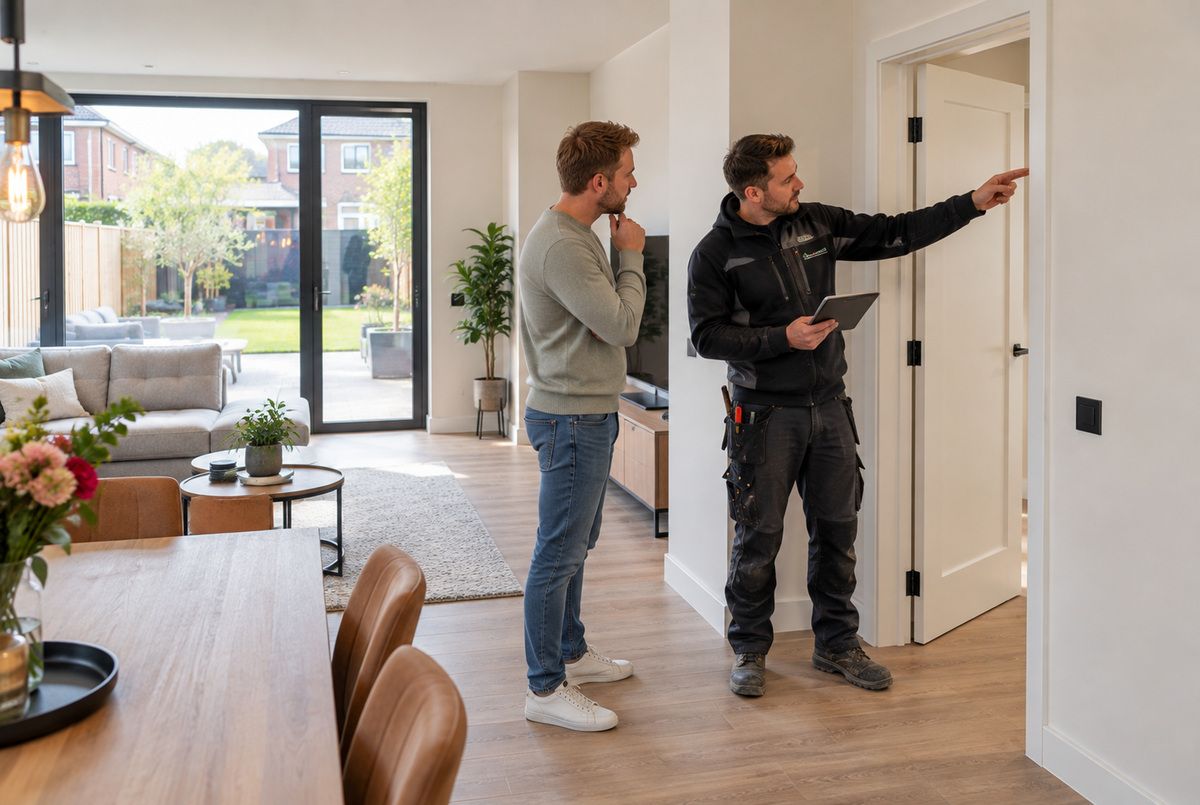 Aannemer controleert samen met de woningeigenaar de uitgevoerde werkzaamheden tijdens de oplevering van een gerenoveerde woning